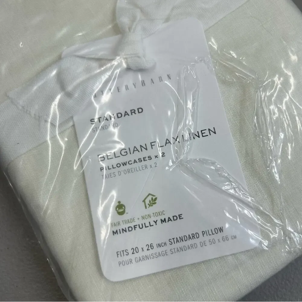 2 Pottery Barn Belgian Flax Linen Standard Pillowcases Covers Ivory NEW